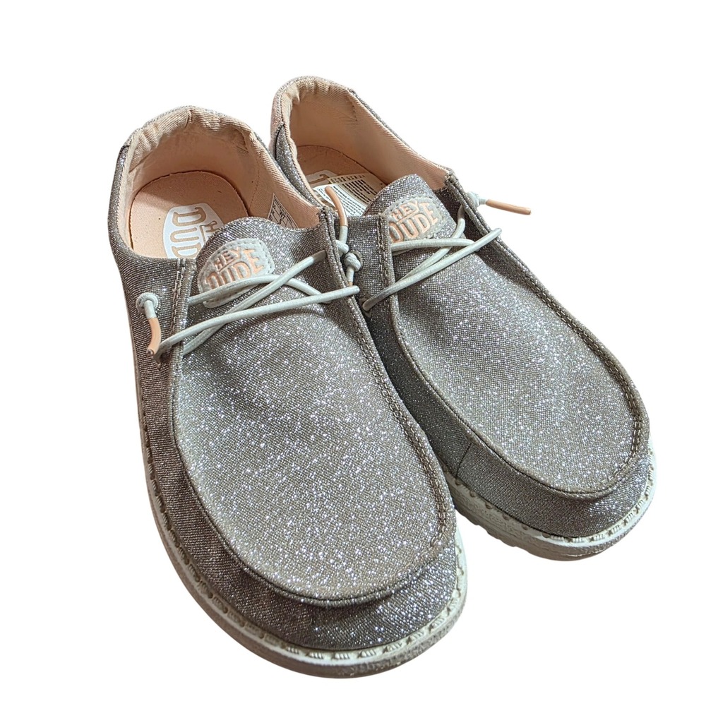 HEYDUDE W7 Wendy Metallic Sparkle Women Rose Gold Loafers Moccasins Shimmer